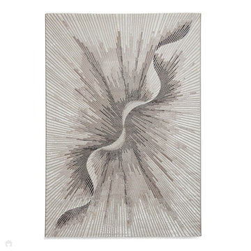 Creation 50156 Modern Abstract Helix Distressed Metallic Shimmer Soft Textured Low Profile Short-Pile Silver/Beige Rug-Think Rugs-Rug Love - The Most Loved Rug Store